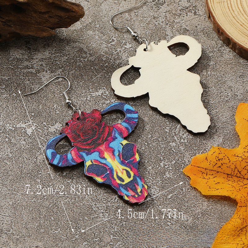 Wholesale Western Wind Cow Head Cow Pattern Leopard Pattern Sunflower Wooden Earrings