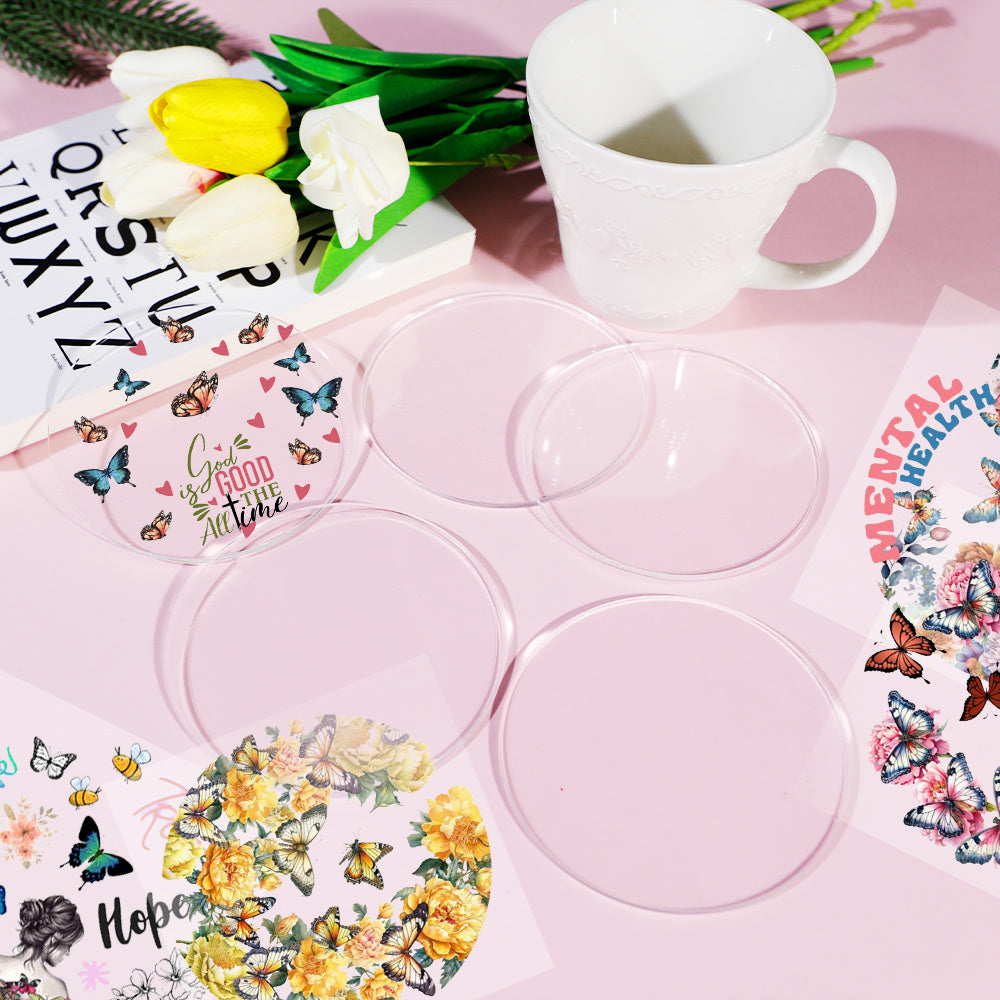 10PCS DIY Coaster Set, 5 Round Clear Acrylic Coasters & 5 Butterfly UV DTF Wrap Stickers, Craft Supplies for Custom Coasters, Decorative Home Decor, Office & Kitchen Accessories, Gift Idea