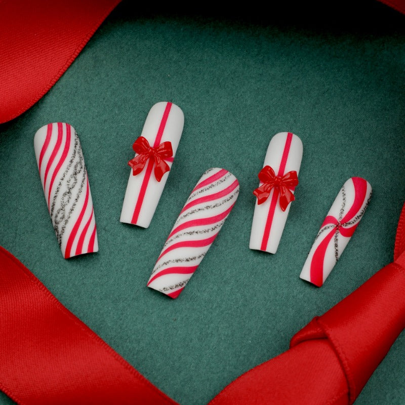 Wholesale 24 Pieces/box Christmas Red Bow Press-on Nails Kits Nail Stickers ACC-NS-LeFan184