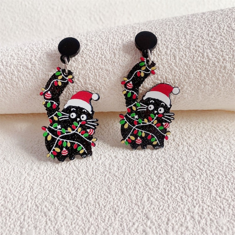 Wholesale Christmas New Acrylic Glitter Cartoon Black Cat Santa Claus Red Hat Earrings ACC-ES-Hongw001