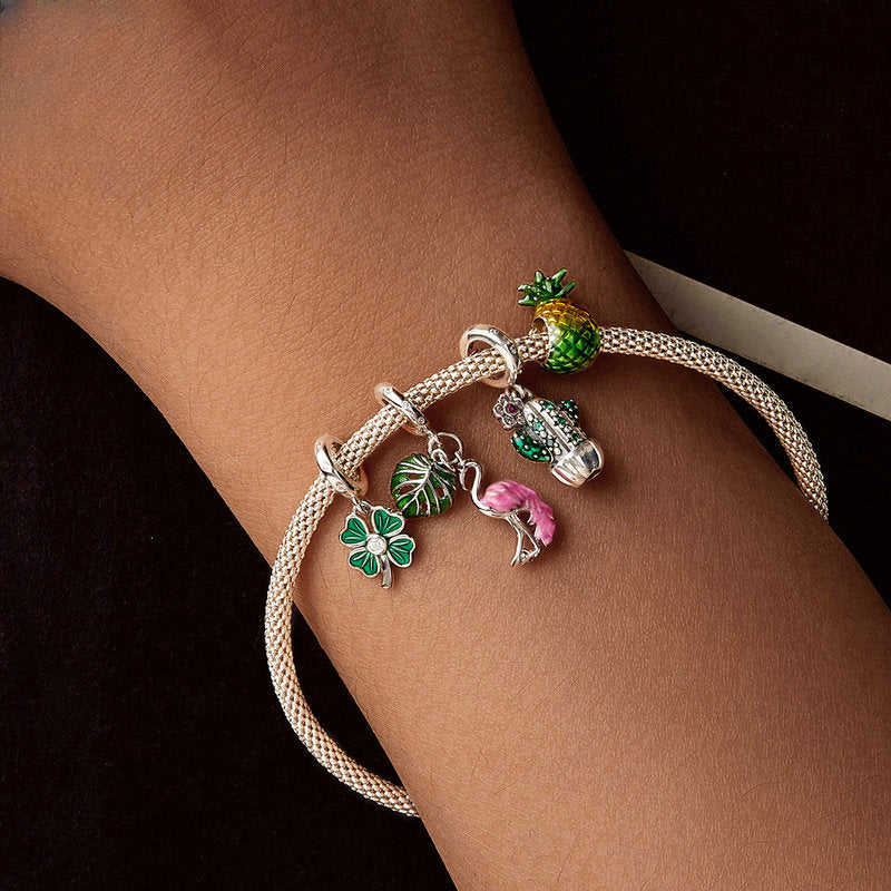 Wholesale Plant Series Cactus Diy Pendant Accessories Pink Flamingo S925 Silver Lucky Beads Charms ACC-CHS-YinZhiyun010