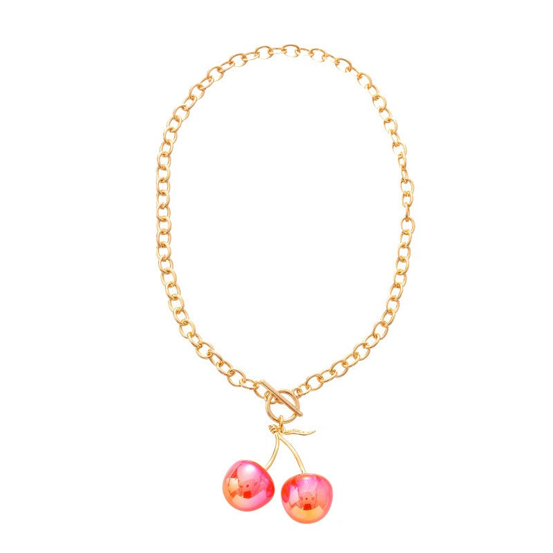 Wholesale Cute Resin Cherry Fruit Leaf OT Buckle Clavicle Necklace  ACC-NE-JingQiao002