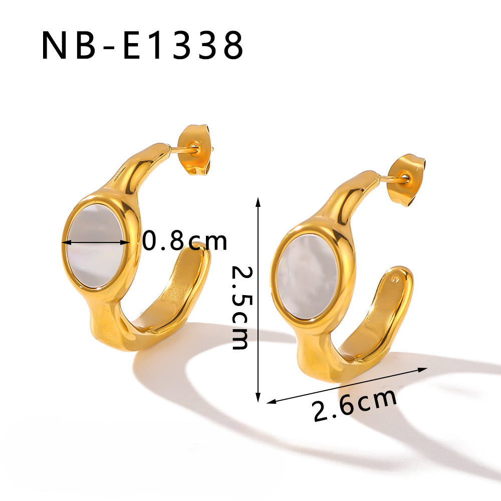 Wholesale Vintage Inlaid White Shell C Shape Stainless Steel Earrings ACC-ES-Xiny004