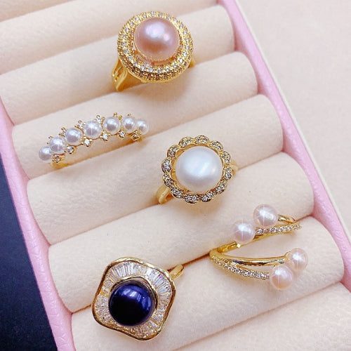 Wholesale Random Color 10pcs Pearl Open Adjustable Ring Electroplated Micro Inlaid Zircon Ring ACC-RS-Pabo005