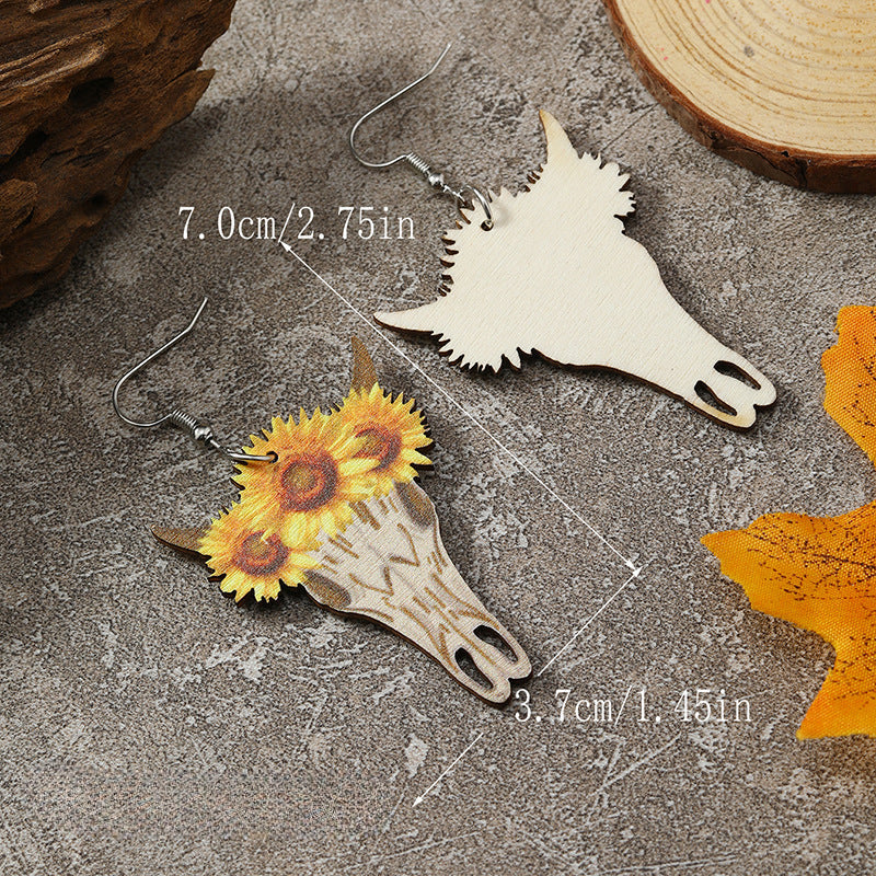 Wholesale Western Wind Cow Head Cow Pattern Leopard Pattern Sunflower Wooden Earrings