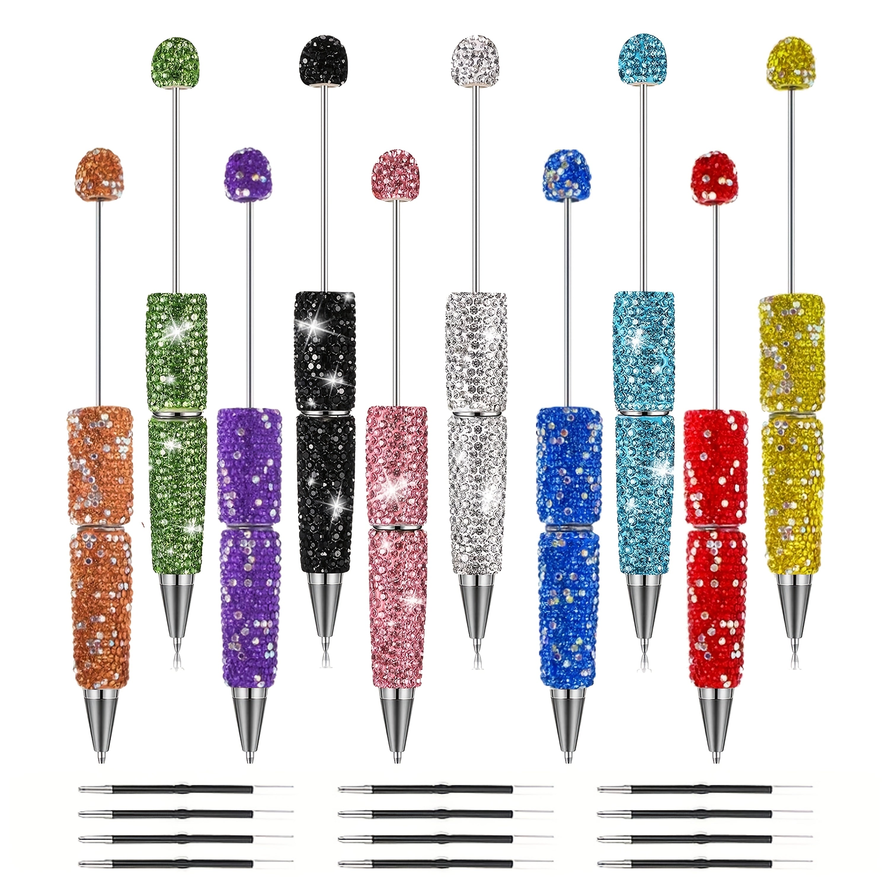 10pcs Glitter Beadable Pen Full Rhinestone Beadable Pen Shiny Fancy Pens for Beads Cute Journalling DIY Beaded Pen for Women Fun Bling Ballpoint Pens Back to School DIY Trendy Stuff