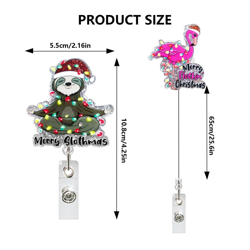 Wholesale Christmas Glitter Acrylic Sloth Dinosaur Puppy Retractable Rotating Badge Keychain ACC-KC-QiDing032