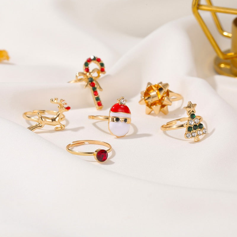 Wholesale Christmas 6-piece Set Cute Cartoon Elk Christmas Tree  Open Adjustable Rings ACC-RS-DQ001