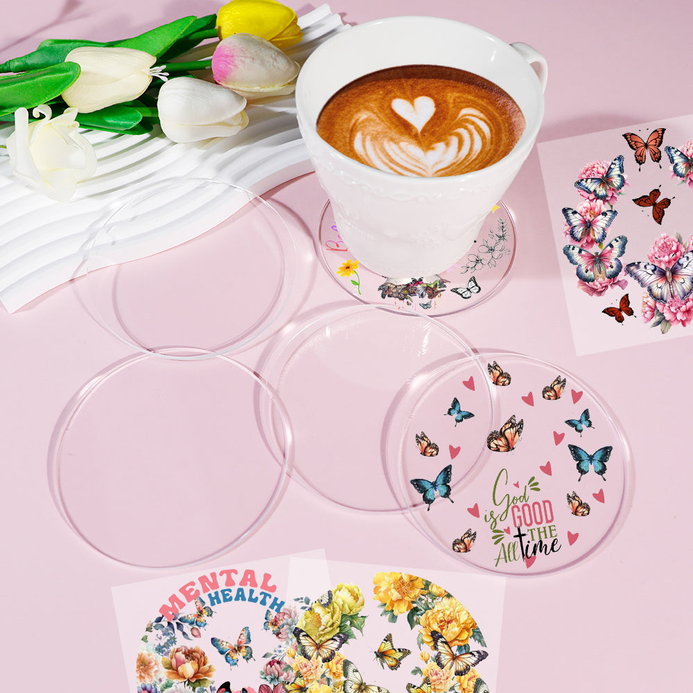 10PCS DIY Coaster Set, 5 Round Clear Acrylic Coasters & 5 Butterfly UV DTF Wrap Stickers, Craft Supplies for Custom Coasters, Decorative Home Decor, Office & Kitchen Accessories, Gift Idea