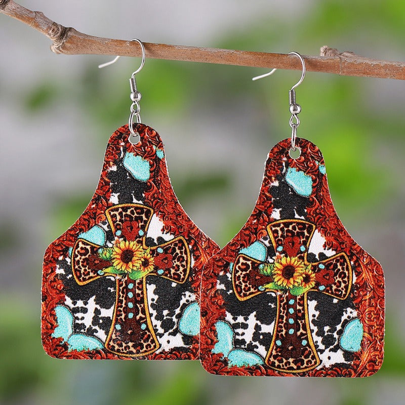 Wholesale Western Style Leopard Cow Pattern Sunflower Cross Leather Earrings ACC-ES-ChuLian138