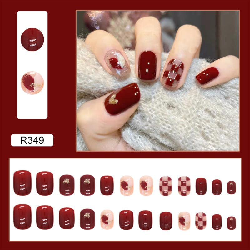 Wholesale  24pcs/box  Red Sweetheart Whitening Checkerboard Nail Stickers ACC-NS-QiHeng006