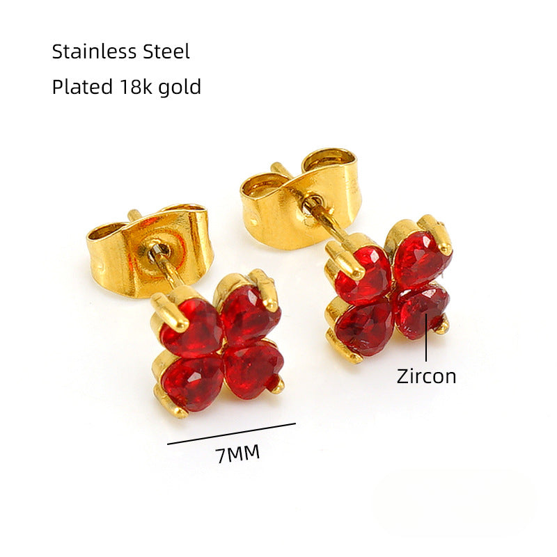 Wholesale Stainless Steel Plated Earrings for Women 18K Gold Inlaid Zircon Four-leaf Clover Earrings ACC-ES-ZhongXin005