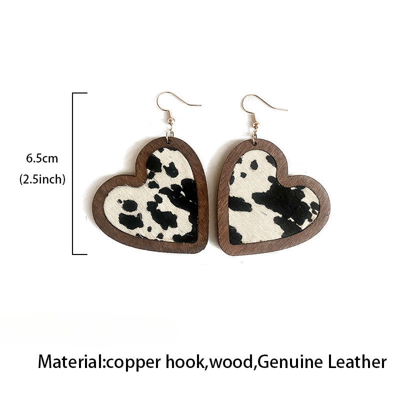 Wholesale Leopard Pattern Cow Pattern Heart Shaped Wooden Earrings ACC-ES-XinChuan010
