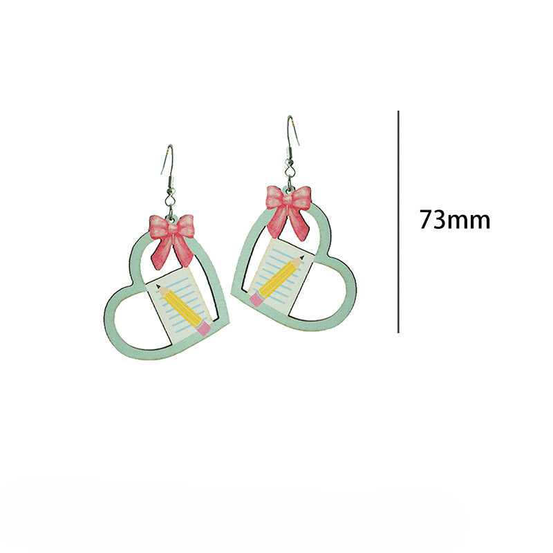 Wholesale 2 Pairs/Pack Heart Shape Bow Book Pencil Apple Wood Earrings ACC-ES-HY099