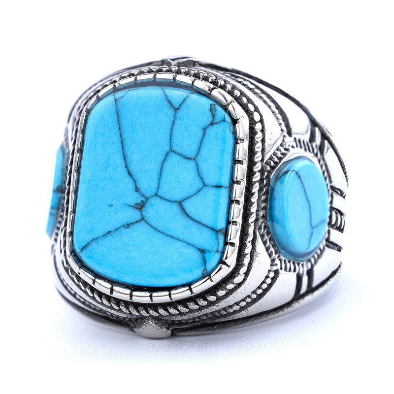 Wholesale Stainless Steel Vintage Three Sided Blue Turquoise Men's Gemstone Ring ACC-RS-Moer015