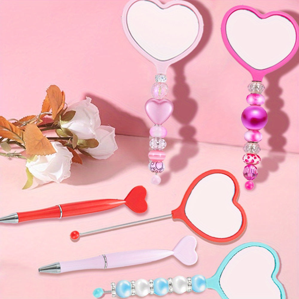 2pcs/set DIY Beadable Handle Mirror and Heart Shaped Pen Combination DIY Gift Office Gift Random Makeup Mirror