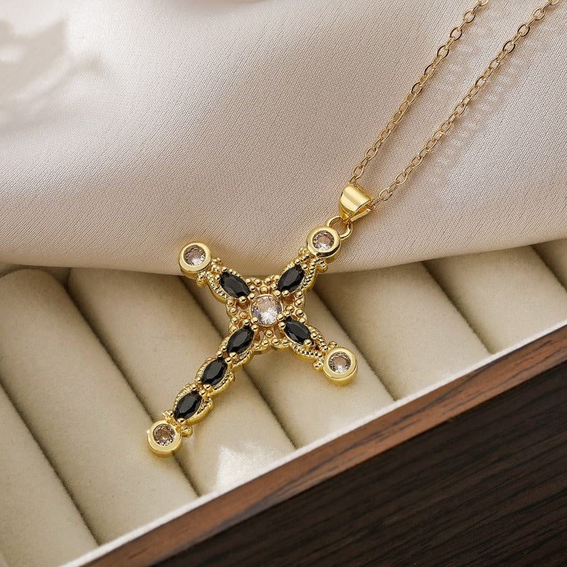 Wholesale Copper Plated Real Gold Zircon Cross Pendant Necklace ACC-NE-AoGu003