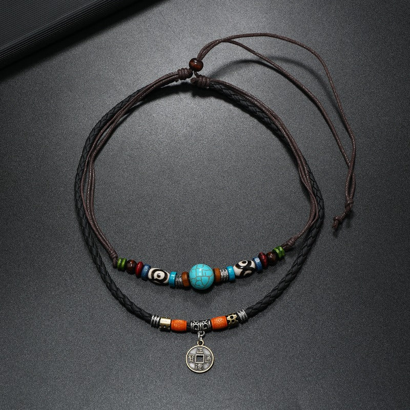Wholesale Vintage Style Multi-layer Turquoise Beaded Braided Leather Necklace ACC-NE-Saih004
