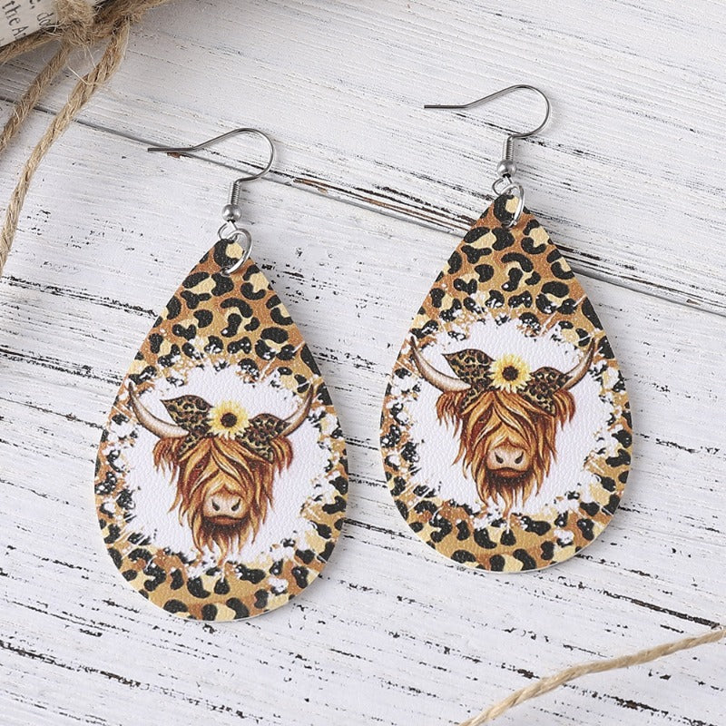 Wholesale Western Cowboy Leopard Print Cow Print Double-Sided PU Leather Earrings ACC-ES-ChuLian119