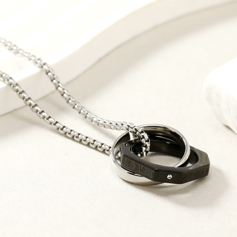 Wholesale Love Letter Double Ring Pendant Sweater Chain Stainless Steel Necklaces ACC-NE-WangG006