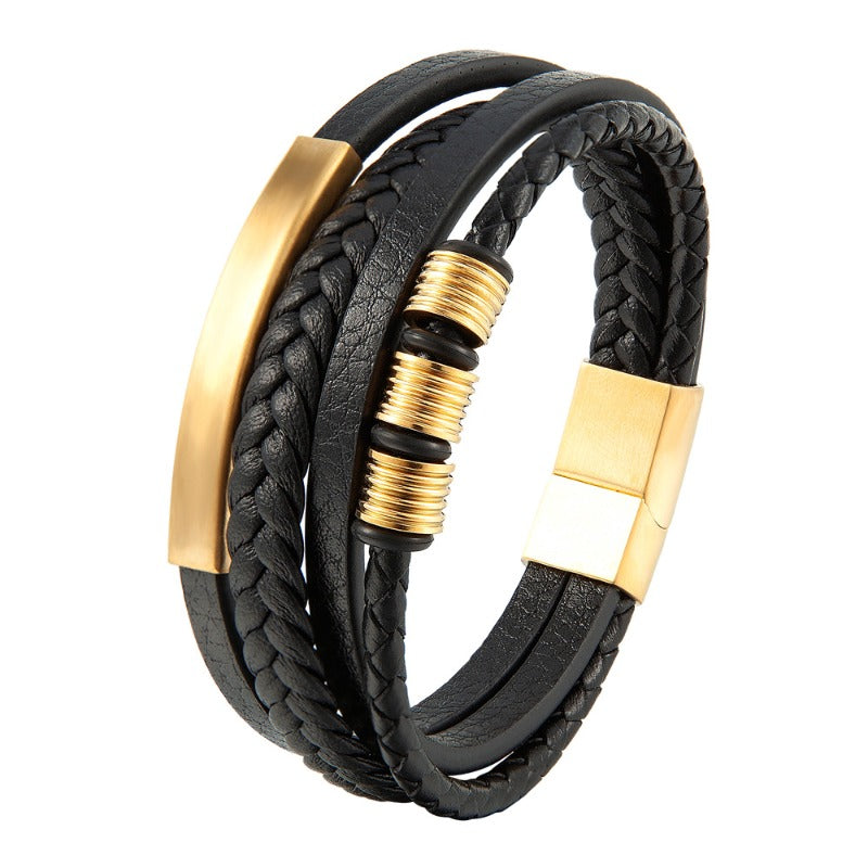 Wholesale Multi-layer Woven Men's Cowhide Stainless Steel Bracelet ACC-BT-OSD003