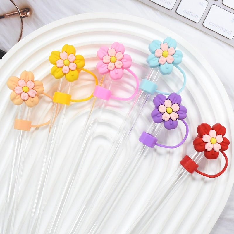 Wholesale Random 100pcs Colorful Flowers 10mm PVC Soft Straw Tube Cap ACC-SCR-RYY142