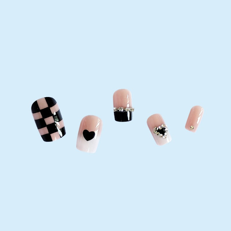 Wholesale 24 Pieces/box Valentine's Day Black Checkerboard Nails Kits Nail Stickers ACC-NS-QXJ057