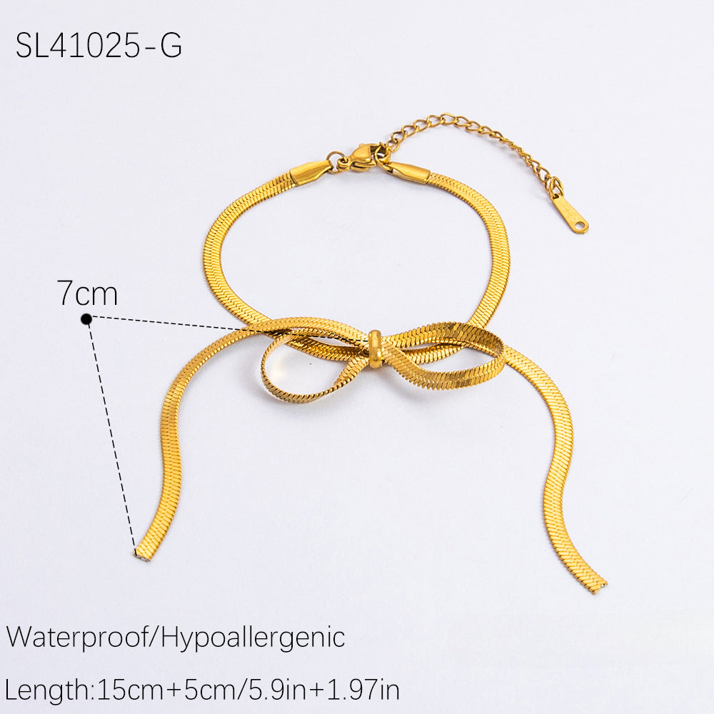 Wholesale 18K Gold Stainless Steel Bow Pearl Necklace Bracelet Set ACC-NE-YuHui009