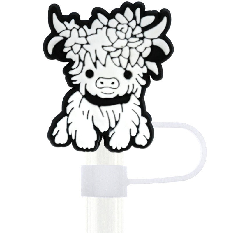 Wholesale Random 100pcs Cartoon Alpine Cow 10mm PVC Soft Straw Tube Cap ACC-SCR-RYY120