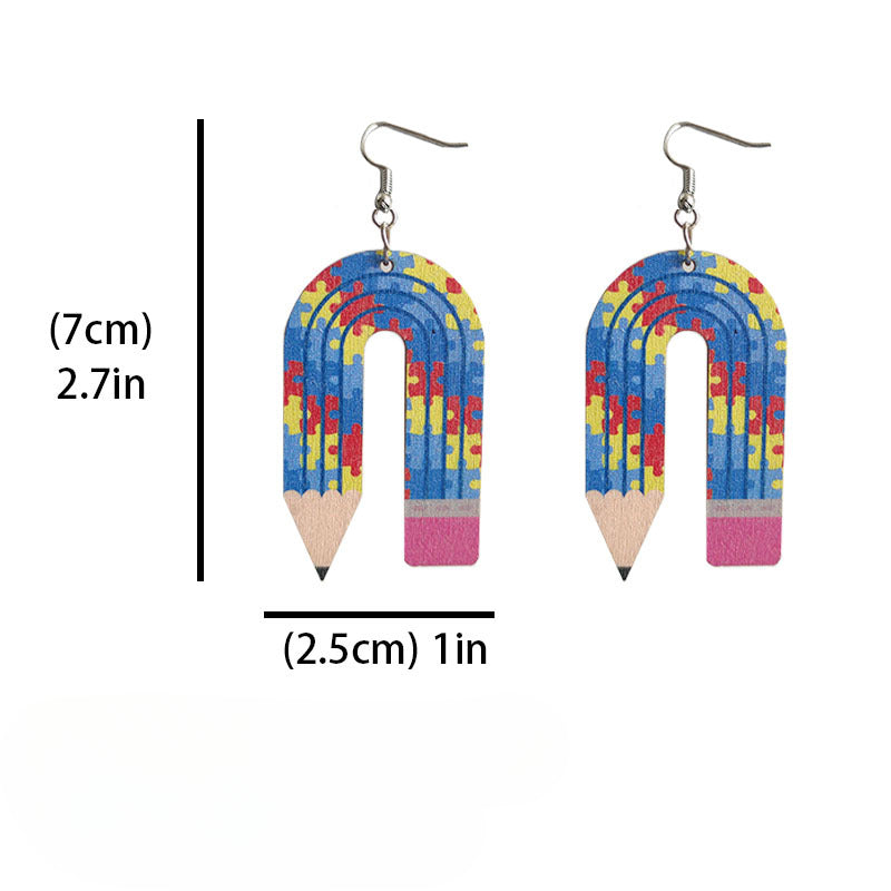 Wholesale Leopard Print Pencil Teacher Wooden Earrings Teacher's Day ACC-ES-HY025