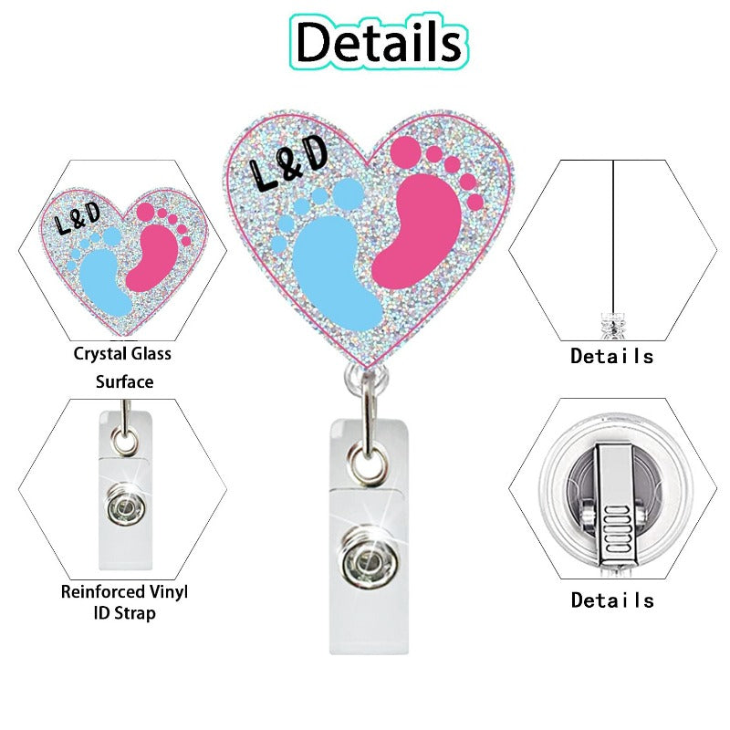 Wholesale Acrylic Glitter Footprint Clothes Baby Retractable Rotating Badge Keychain ACC-KC-QiDing014