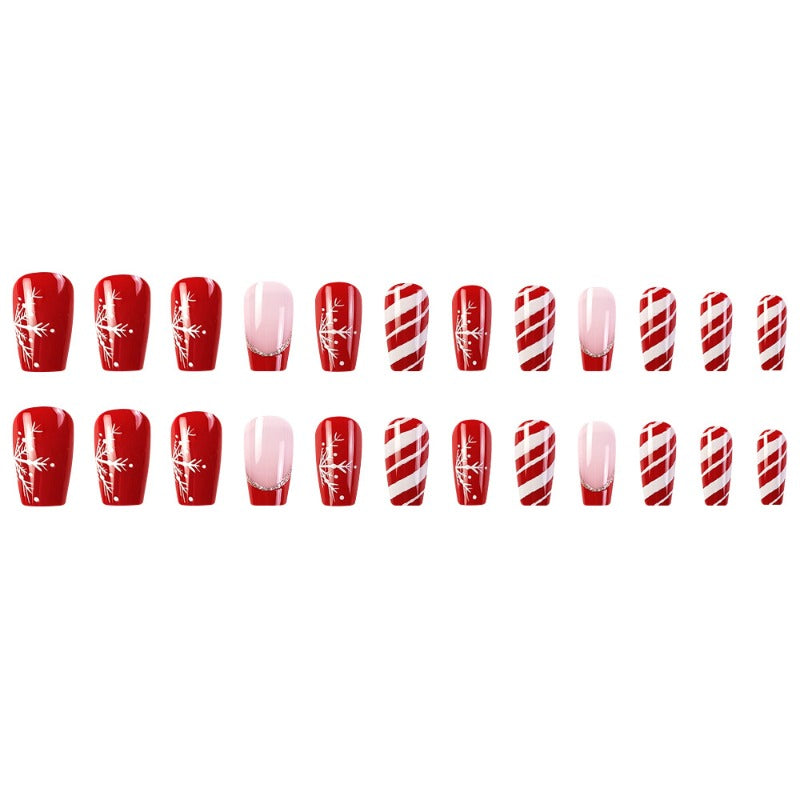 Wholesale 24 Pieces/box Christmas Red and White Stripes Glitter Snowflake Nails Kits Nail Stickers ACC-NS-QXJ015