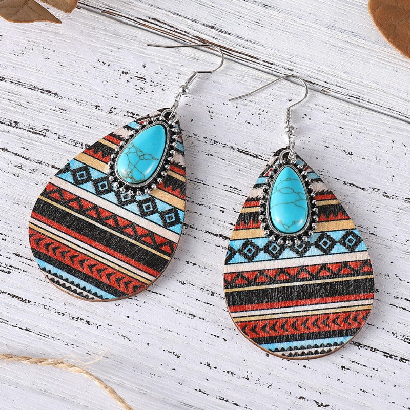 Wholesale Bohemian Western Ethnic Style Wooden Double Sided Water Drop Earrings ACC-ES-ChuLian104