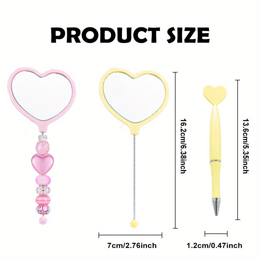 2pcs/set DIY Beadable Handle Mirror and Heart Shaped Pen Combination DIY Gift Office Gift Random Makeup Mirror