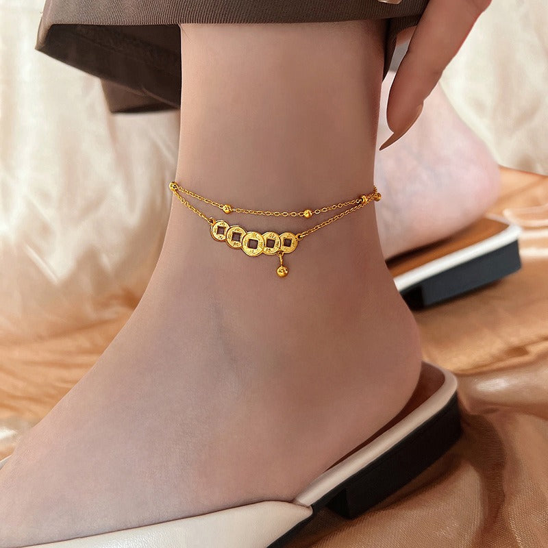 Wholesale Titanium Steel Double Layer Chain Copper Coin Anklet ACC-AS-Liyan001