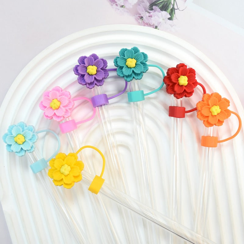 Wholesale Random 100pcs Cartoon Flowers 10mm PVC Soft Straw Tube Cap ACC-SCR-RYY139