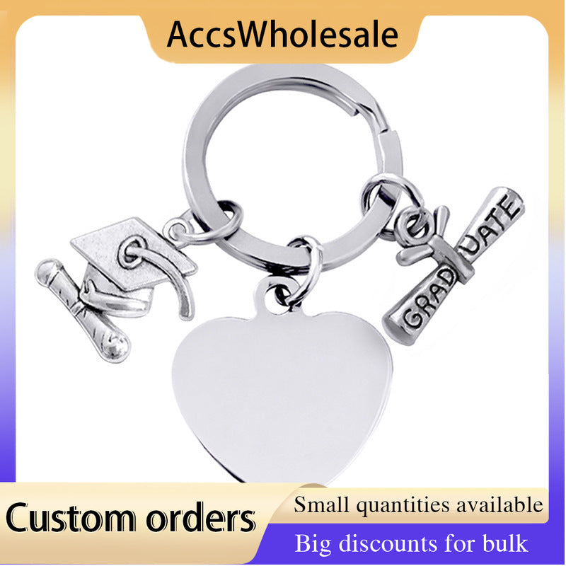 Custom Keychains with Laser Engraved Text or Logo - Graduation Heart Shaped Round Metal Keychain