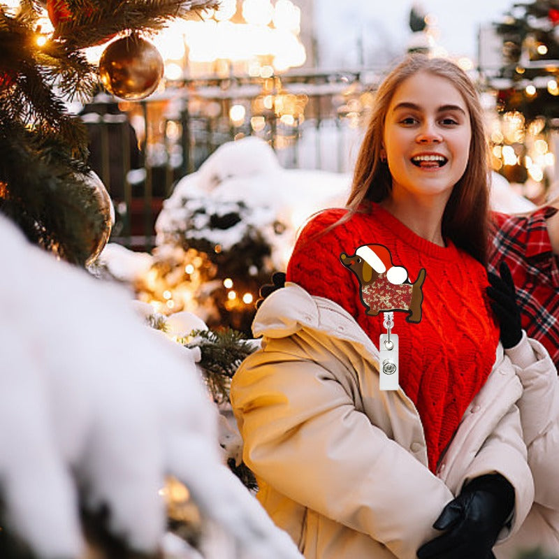 Wholesale Acrylic Quicksand Christmas Dog Old Man Telescopic Rotating Badge Keychain ACC-KC-QiDing013