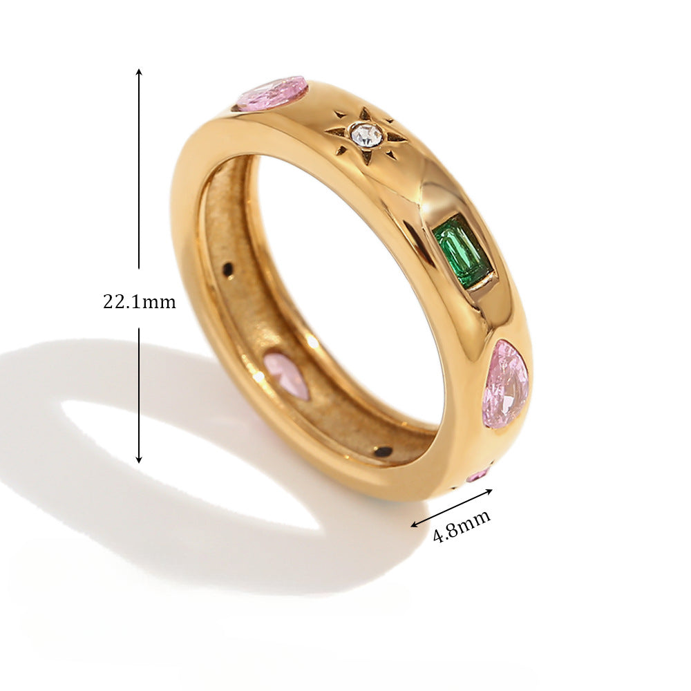 Wholesale Stainless Steel Rings 18K Gold Plated Rings Rectangular Water Drop Geometric Colorful Zircon Ring ACC-RS-MengJia004