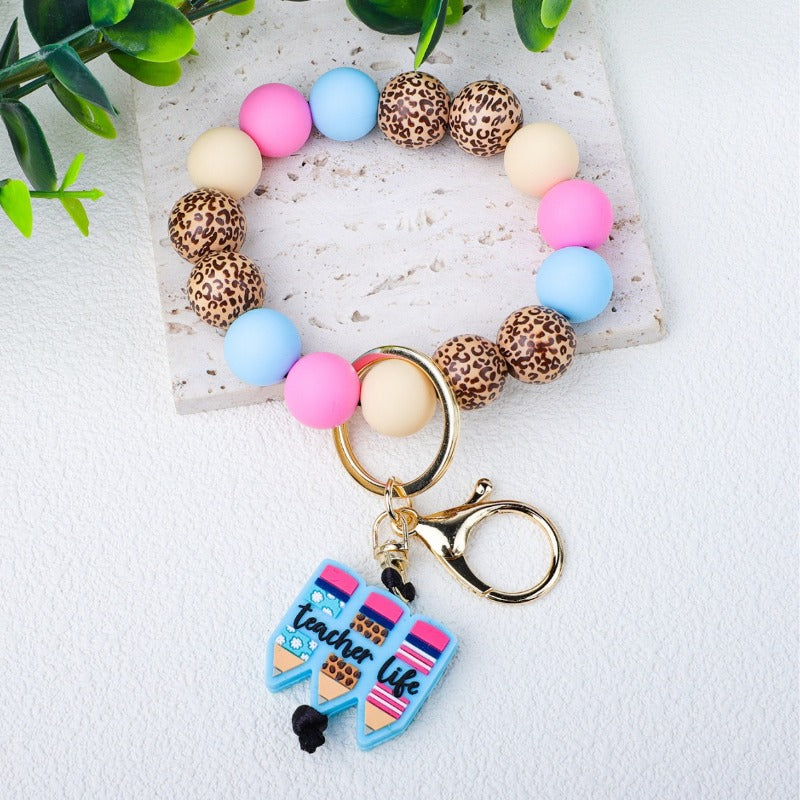 Wholesale Teacher's Day Pencil Silicone Leopard Wood Beads Beaded Keychain ACC-KC-JiuYa009