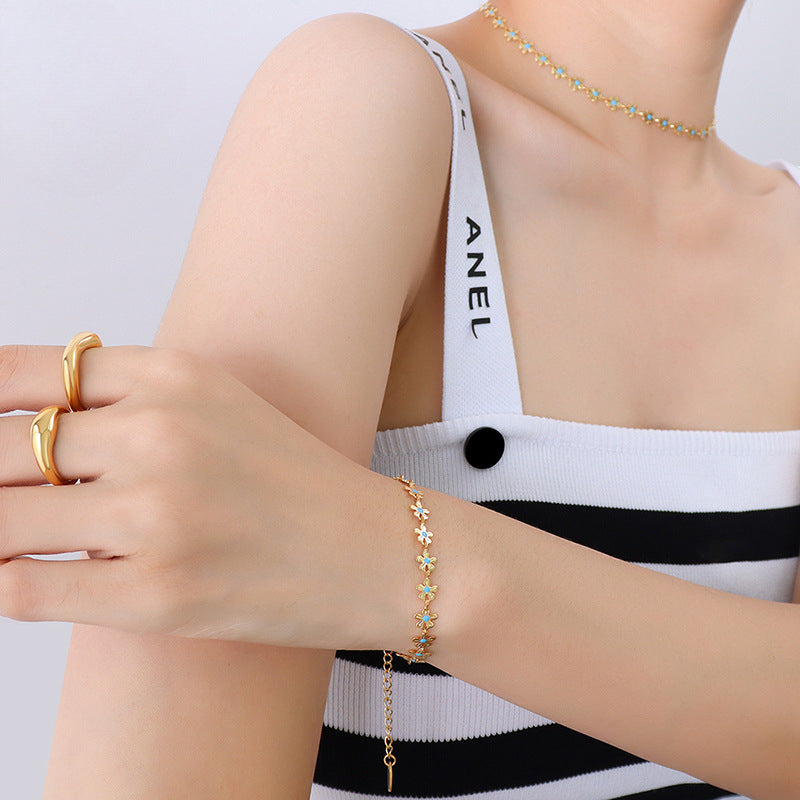 Wholesale 18k Gold Plated Flower Blue Oil Drop Necklace Bracelet Titanium Steel ACC-NE-MiLi005