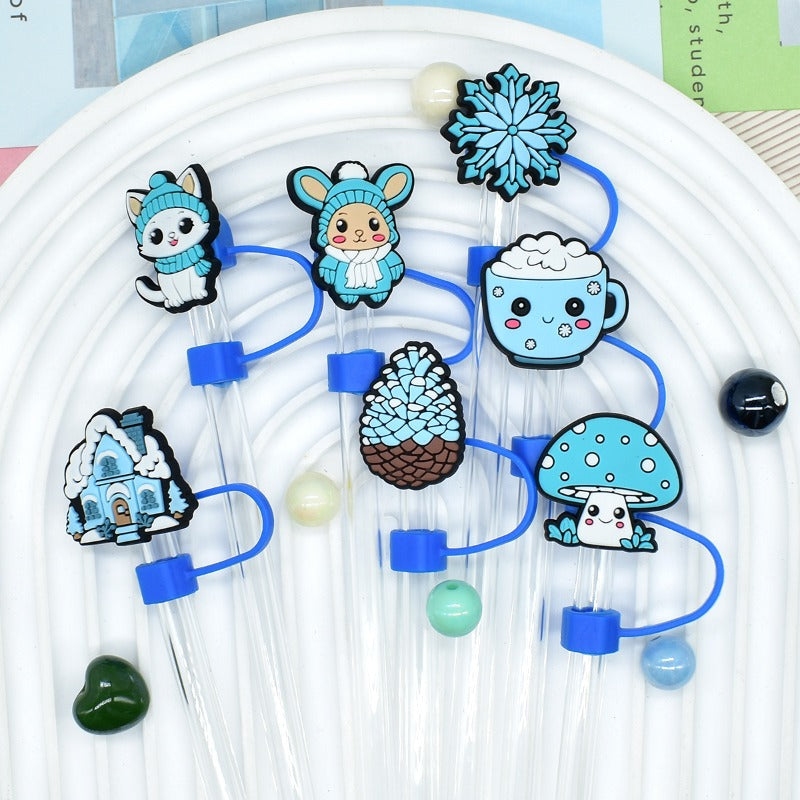 Wholesale Random 100pcs Cute Ice and Snow Series 10mm PVC Soft Straw Tube Cap  ACC-SCR-RYY109