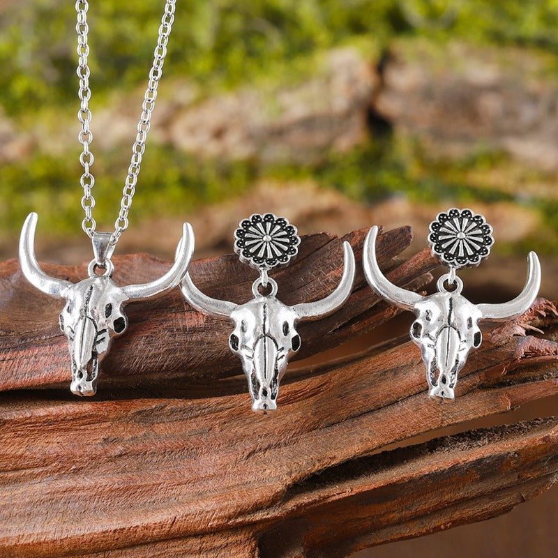 Wholesale Vintage Western Style Bull Head Horn Necklace Earrings  ACC-NE-zhiyu011