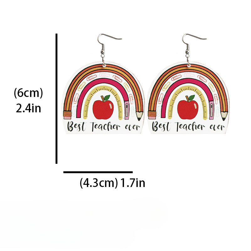 Wholesale Ruler Pencil Apple Rainbow Leopard Print Acrylic Earrings Teacher Gift Teacher's Day ACC-ES-HY014