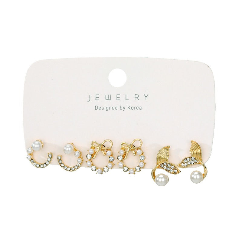 Wholesale 3pcs Bow Fishtail Pearl Moon Earring Set ACC-ES-HanSJ003