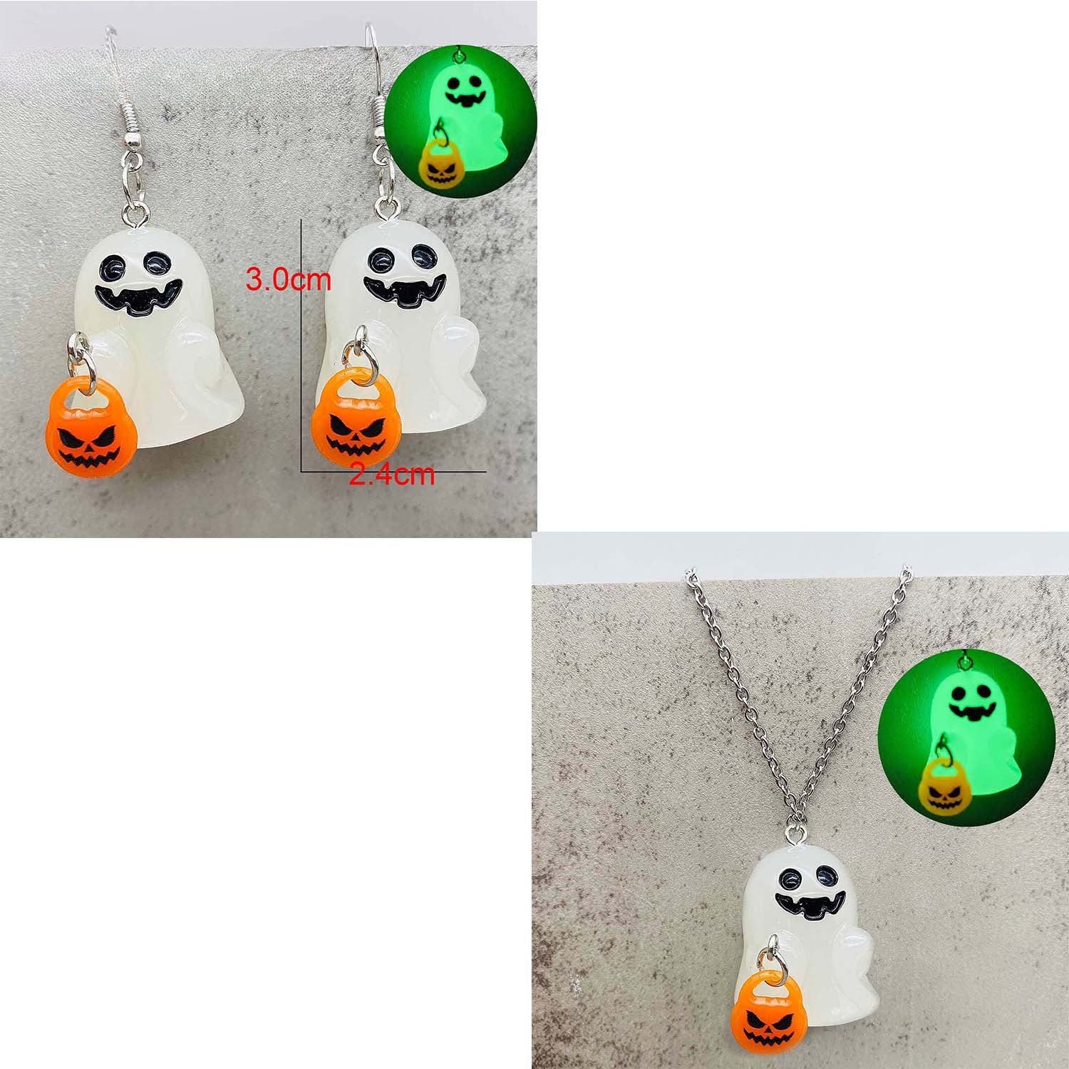 Wholesale Halloween 3D Luminous Ghost Pumpkin Corn Candy Necklace Earrings Set ACC-NE-ChenY001