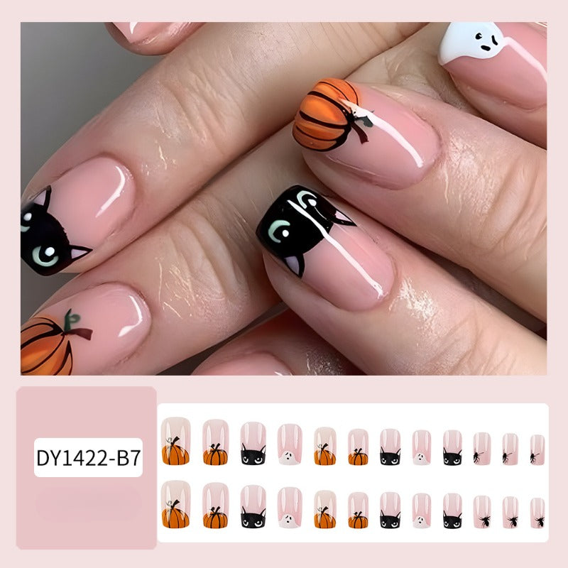 Wholesale 24 Pieces/box Halloween Cute Ghost Pumpkin Nails Kits Nail Stickers ACC-NS-QXJ021