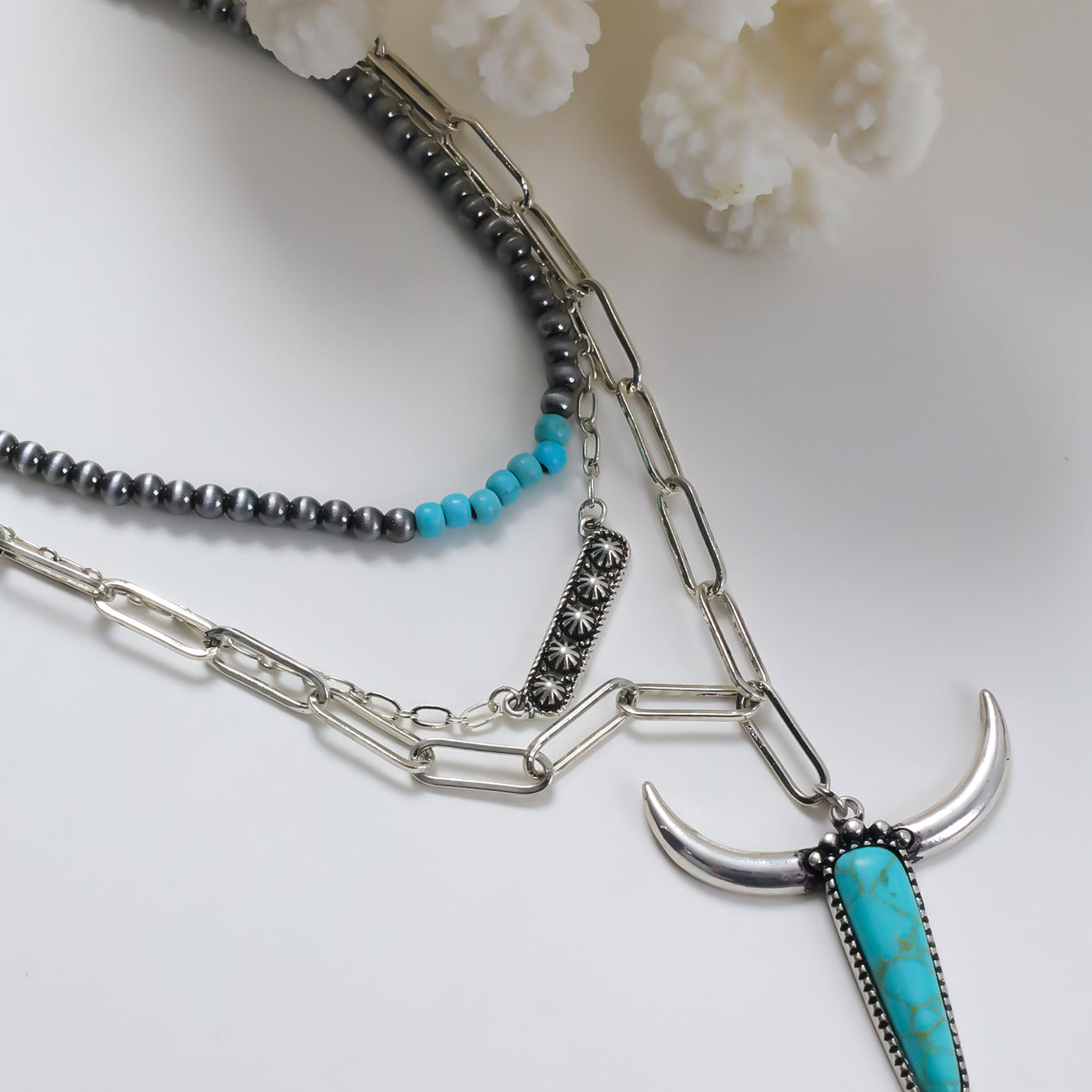 Wholesale Western Style Turquoise Bull Head Multi-layer Necklace ACC-NE-Xilu004