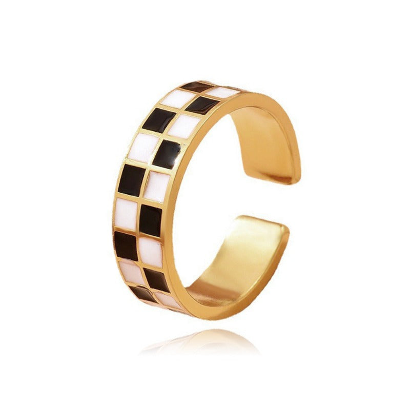 Wholesale Black and White Checkerboard R Vintage Enamel Stainless Steel Ring ACC-RS-MiYi005
