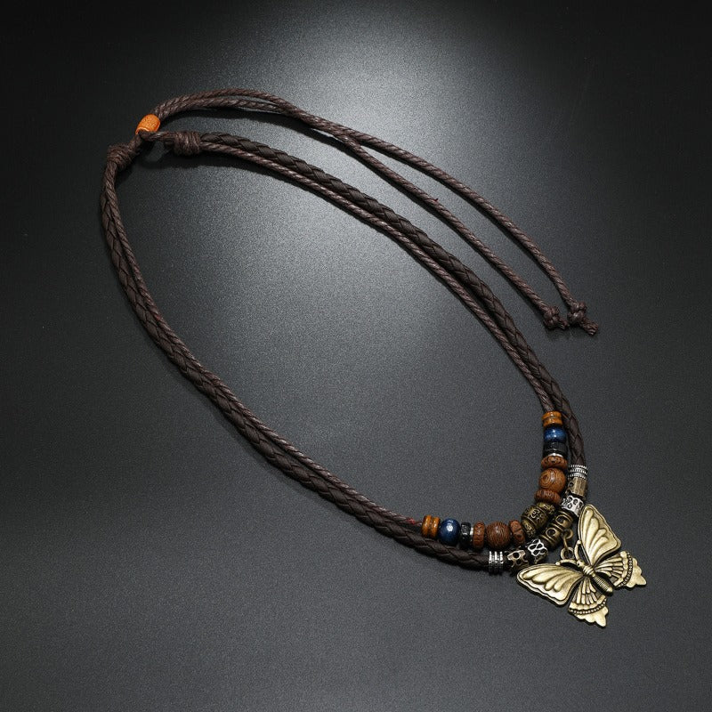 Wholesale Metal Butterfly Pendant Handmade Beaded Wooden Beads Sweater Necklace ACC-NE-Saih003